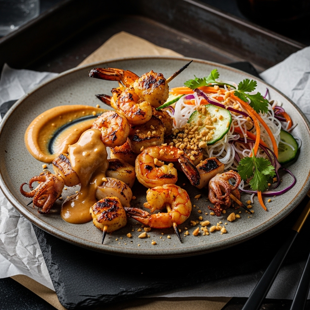 Exquisite Gluten-Free Indonesian Seafood Satay Skewers with Peanut Sauce & Rice Noodle Salad