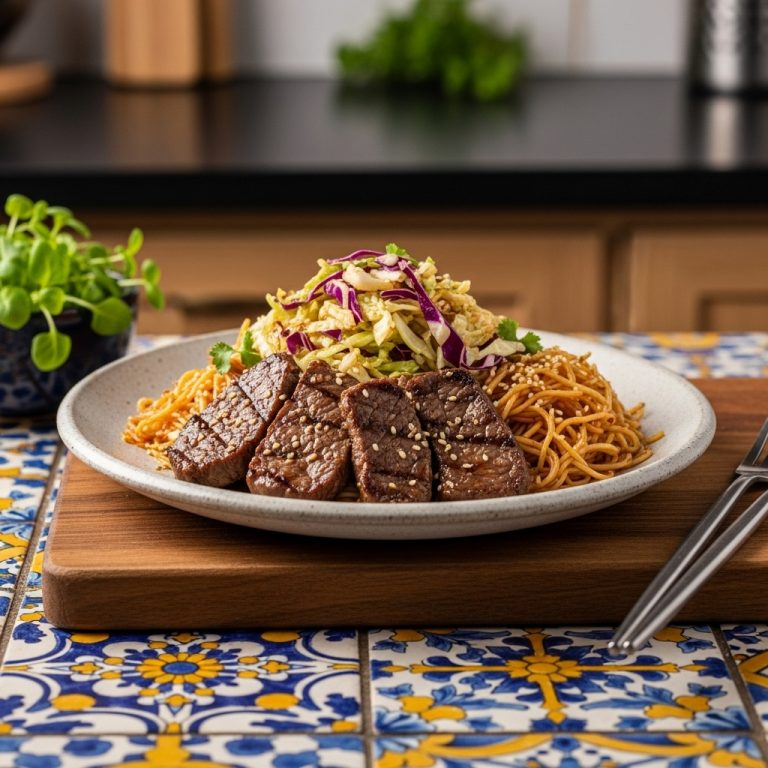 Exquisite Gluten-Free Korean BBQ Beef Galbi with Spicy Cabbage Salad and Sesame Noodles