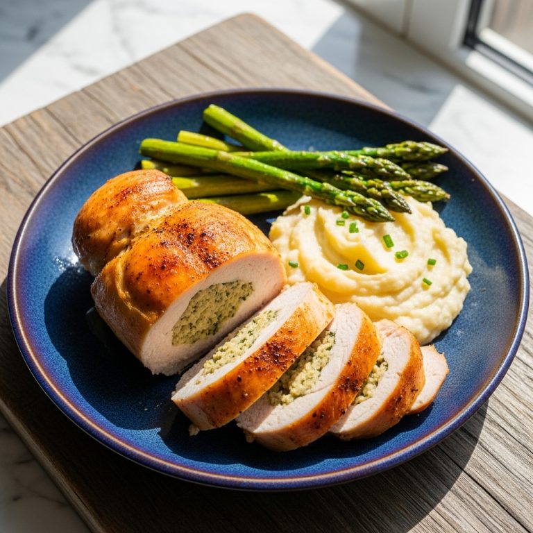 Exquisite Gluten-Free Lemon Herb Stuffed Chicken Breast with Asparagus & Garlic Mashed Potatoes