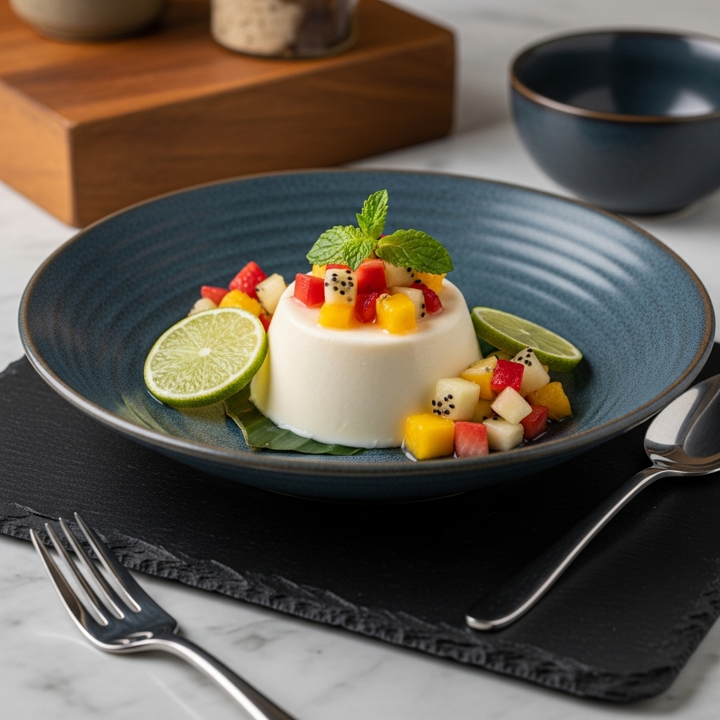 Exquisite Gluten-Free Malaysian Brunch: Coconut Lime Panna Cotta with Tropical Fruit Salsa
