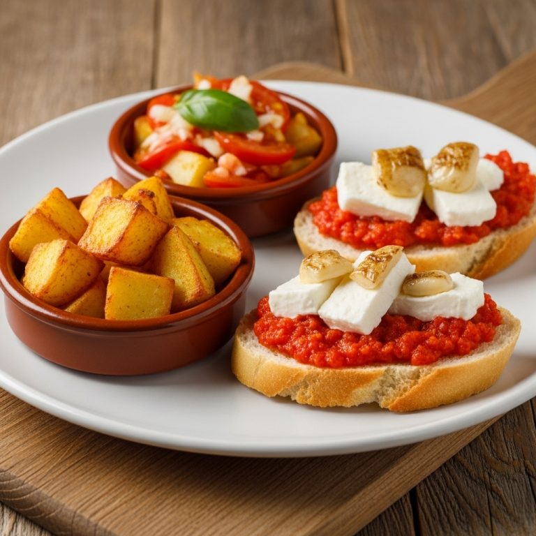 Exquisite Gluten-Free Spanish Tapas Platter: Patatas Bravas, Pan Con Tomate, and Queso de Cabra con Membrillo