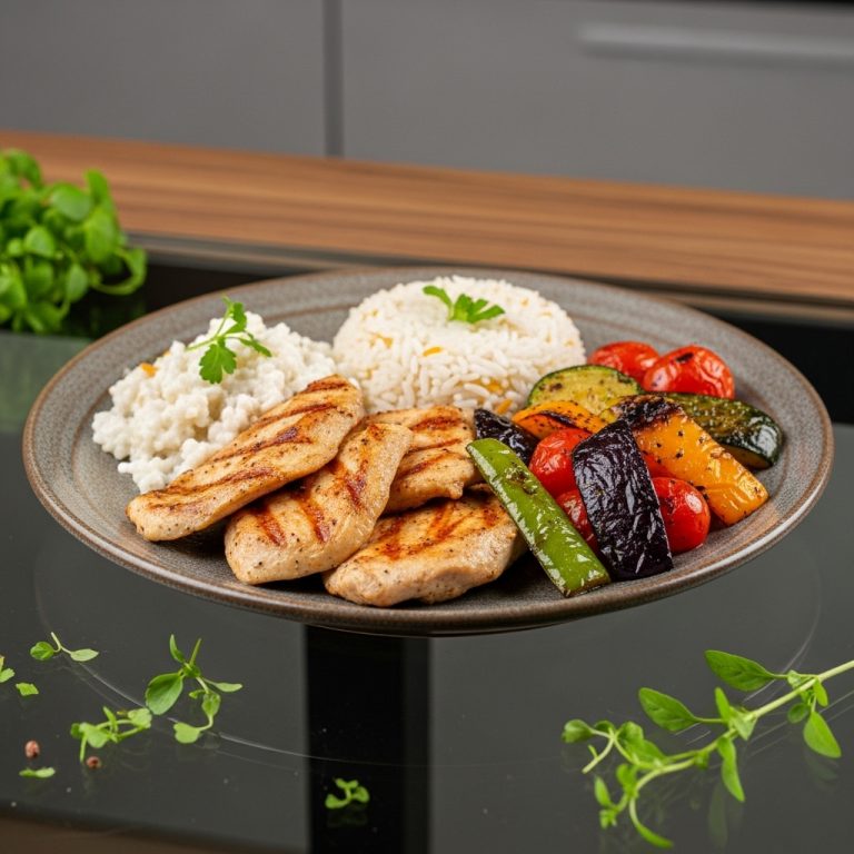 Exquisite Gluten-Free Turkish Lunch Feast: Succulent Grilled Chicken, Creamy Rice Pilaf, and Roasted Seasonal Vegetables