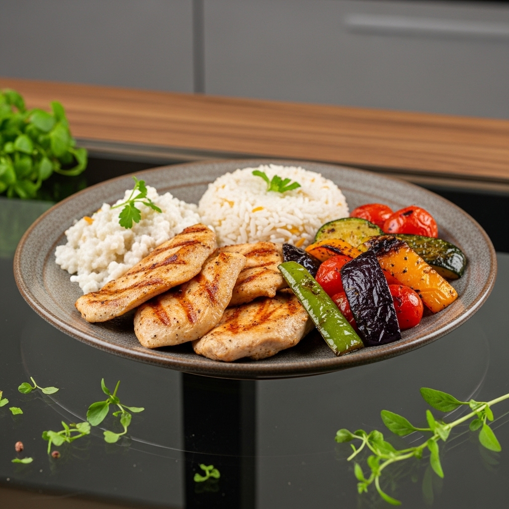 Exquisite Gluten-Free Turkish Lunch Feast: Succulent Grilled Chicken, Creamy Rice Pilaf, and Roasted Seasonal Vegetables