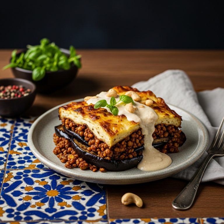 Exquisite Greek Vegan Moussaka – A Flavorful Symphony of Eggplant, Lentil Walnut Meat, and Creamy Cashew Sauce