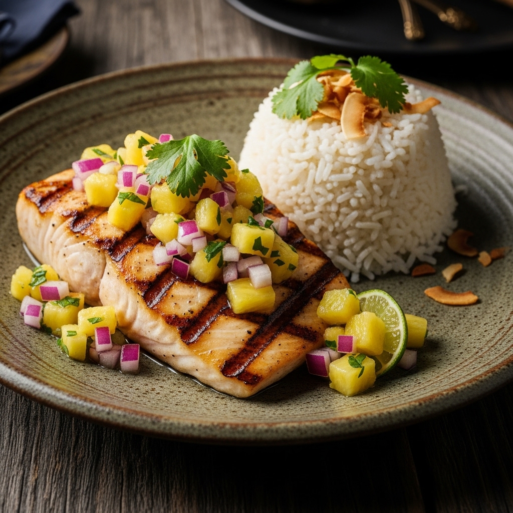 “Exquisite Hawaiian Luau Feast: Grilled Mahi-Mahi with Pineapple Salsa and Coconut Rice”