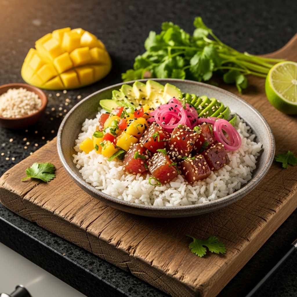 “Exquisite Hawaiian Lunch: Gluten-Free Poke Bowl with Coconut Rice & Mango Salsa”