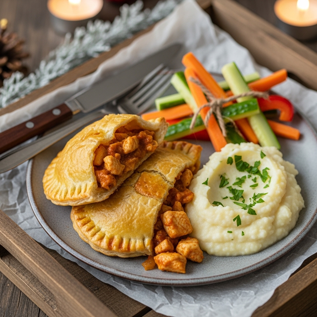 “Exquisite Hungarian-Style Paleo Chicken Paprikash Turnovers with Cauliflower Mash and Crisp Veggie Sticks”
