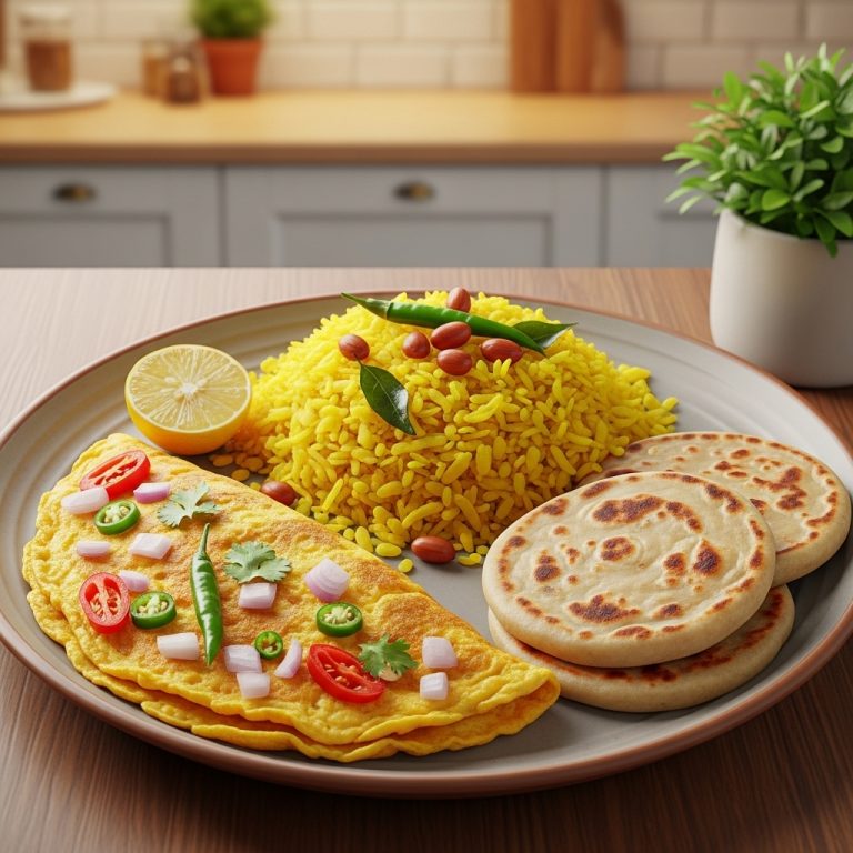 Exquisite Indian Breakfast Platter: Mouthwatering Masala Omelette, Crispy Poha, and Spiced Up Alu Parathas