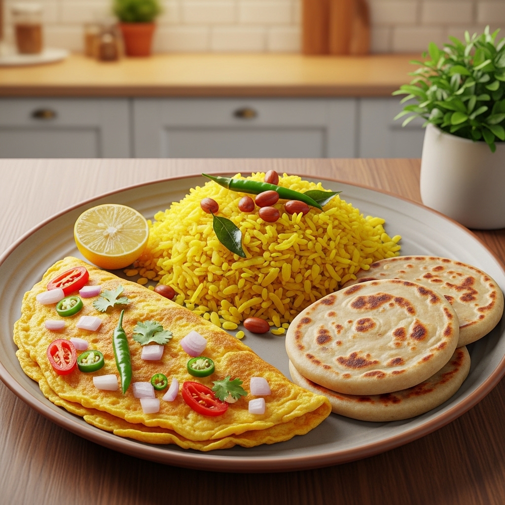 Exquisite Indian Breakfast Platter: Mouthwatering Masala Omelette, Crispy Poha, and Spiced Up Alu Parathas