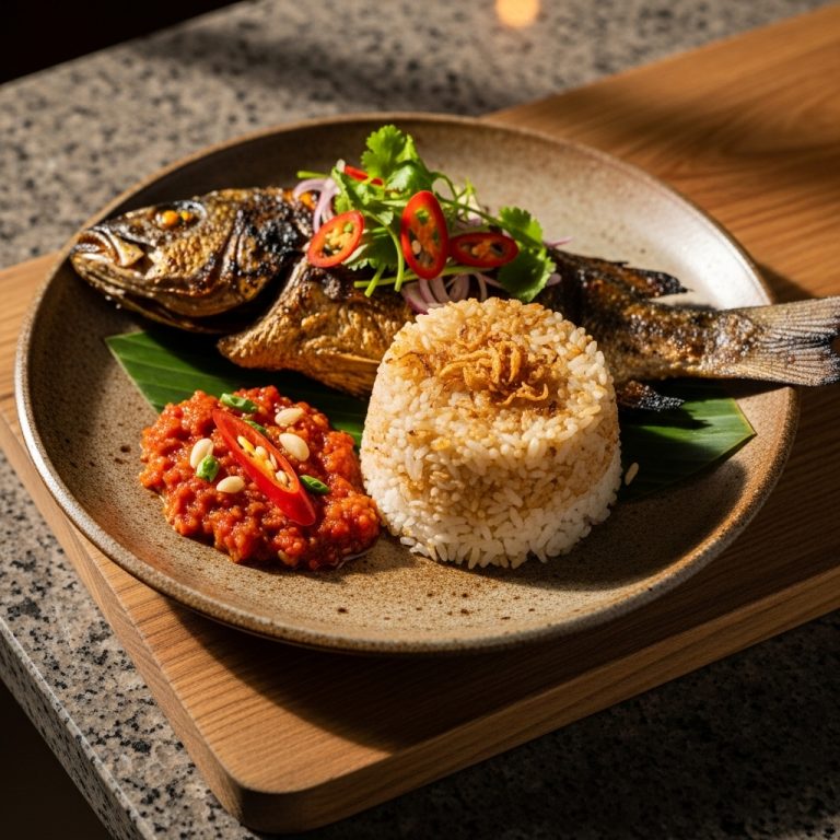 Exquisite Indonesian Lunch: Succulent Grilled Fish with Crispy Coconut Rice and Spicy Sambal – Paleo Recipe
