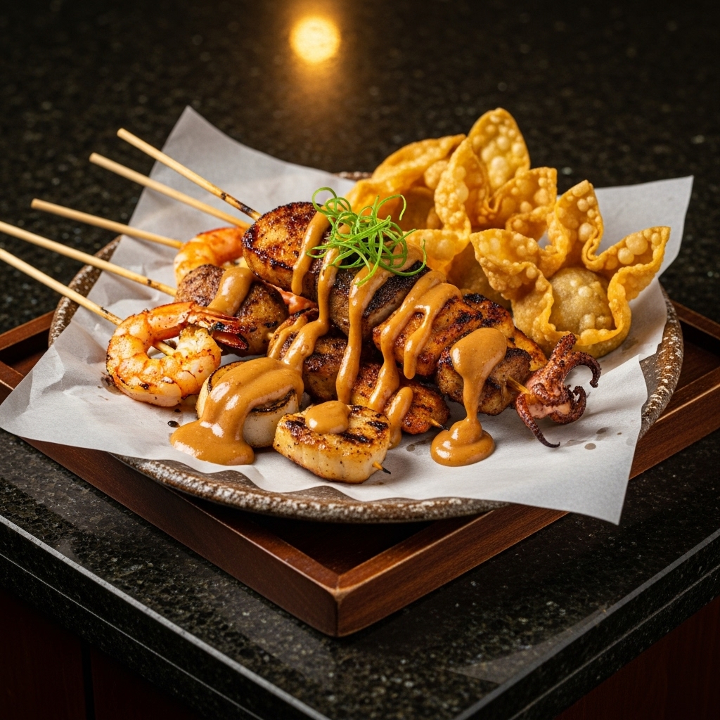Exquisite Indonesian Seafood Satay Skewers with Peanut Sauce (Pangsit Ikan)