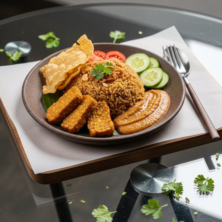 “Exquisite Indonesian Vegetarian Breakfast Feast: Aromatic Nasi Goreng Tofu with Crunchy Tempeh & Smooth Peanut Sauce”
