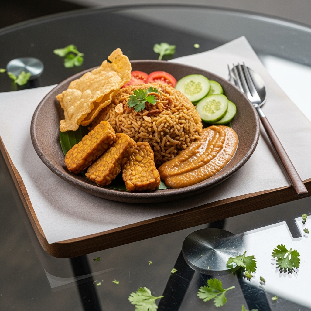 “Exquisite Indonesian Vegetarian Breakfast Feast: Aromatic Nasi Goreng Tofu with Crunchy Tempeh & Smooth Peanut Sauce”