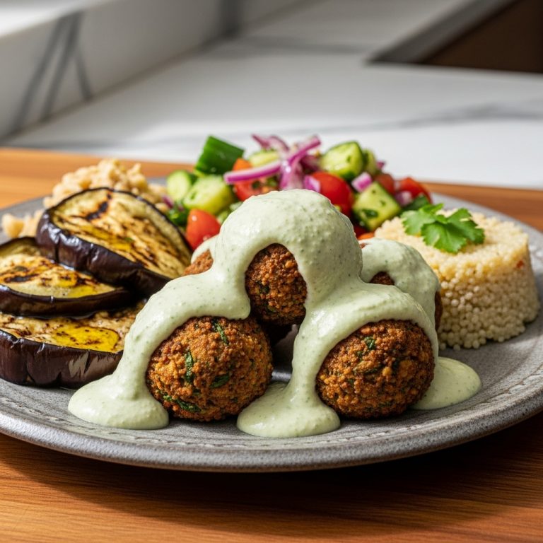 “Exquisite Israeli Vegan Feast: Eggplant Falafel with Cilantro Tahini Sauce”