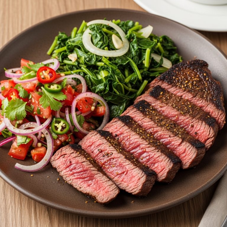 Exquisite Kenyan Dinner: Mtuyu Steak with Kachumbari Salad and Sukuma Wiki (Keto-Friendly)