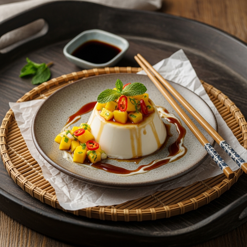 Exquisite Keto-Friendly Indonesian Coconut Panna Cotta with Mango Salsa (Gula Jawa Substitute)