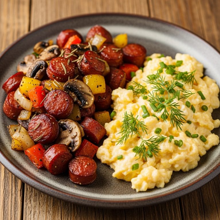 “Exquisite Keto Polish Breakfast: Savory Kielbasa Hash & Creamy Herbed Eggs”