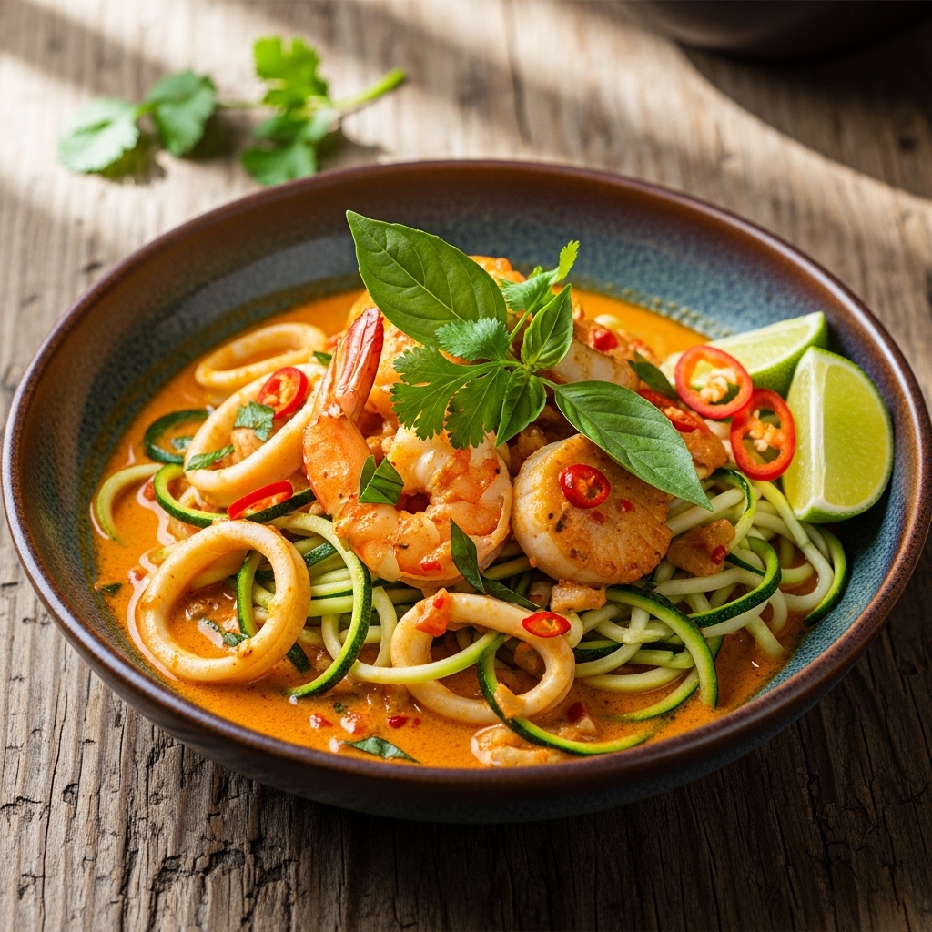 Exquisite Keto-friendly Cambodian Seafood Curry with Zucchini Noodles