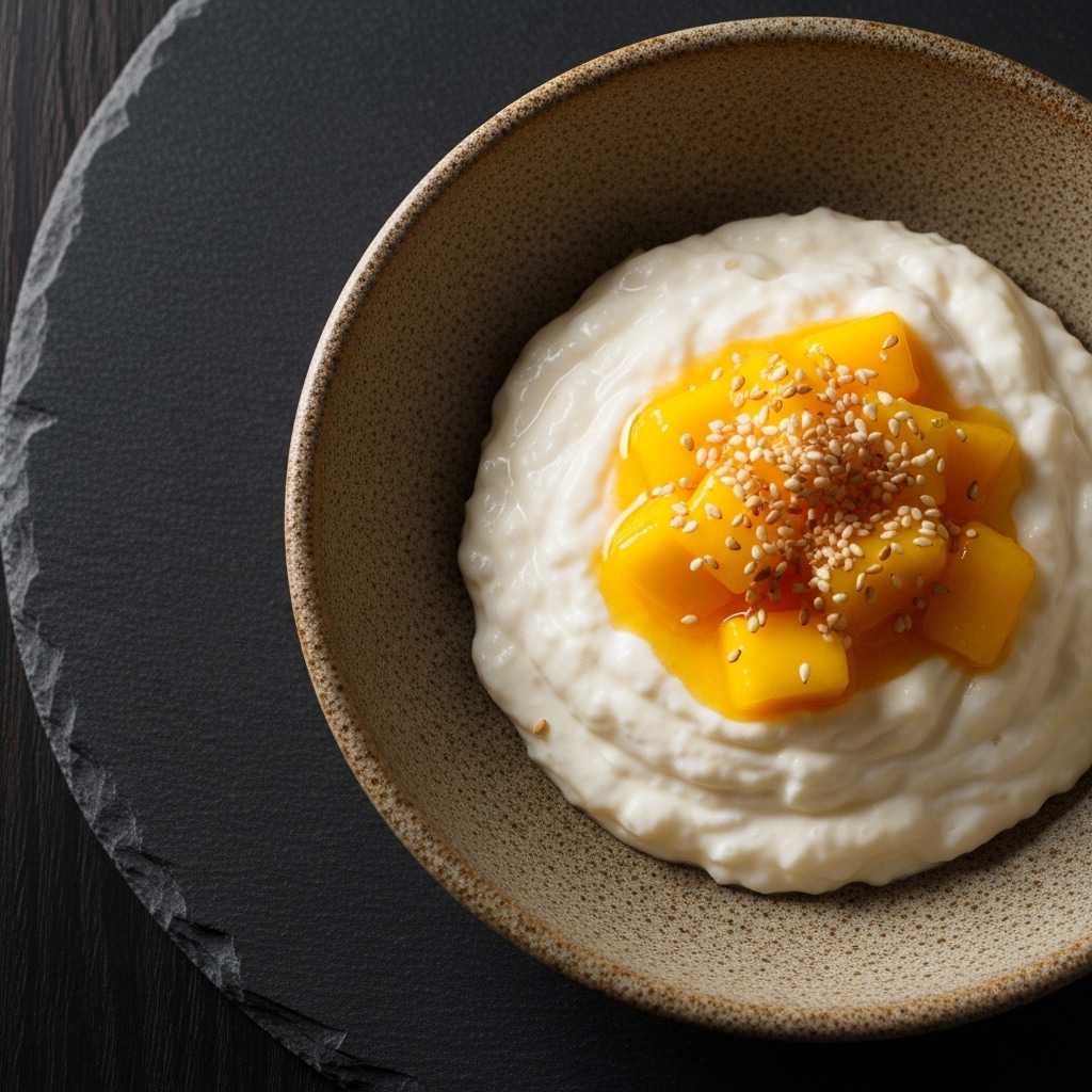 “Exquisite Korean Dessert Recipe: Silky Royal Coconut Rice Pudding with Mango Compote and Toasted Sesame Seeds”