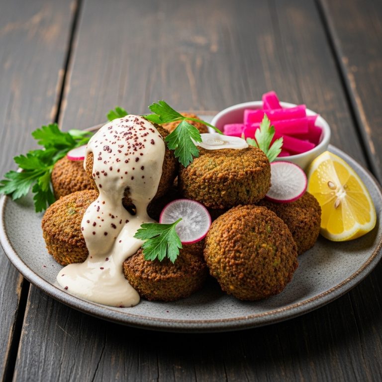 “Exquisite Lebanese Lunch: Mouthwatering Gluten-Free Falafel Platter with Tahini Sauce”