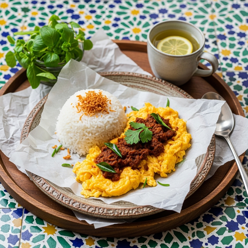 Exquisite Malaysian Brunch: Rendang-infused Scrambled Eggs with Coconut Rice & Lemon-Infused Green Tea