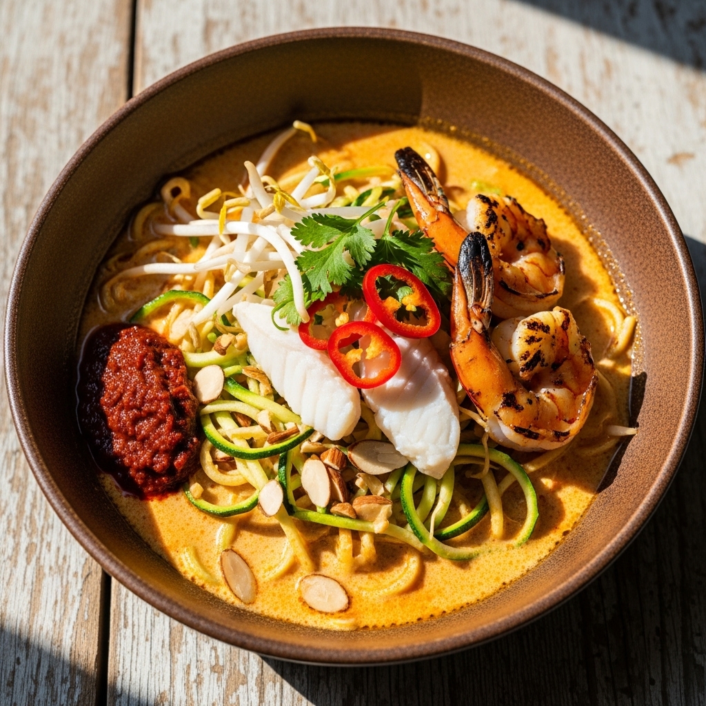 Exquisite Malaysian Keto Laksa with Coconut-Almond Zucchini Noodles