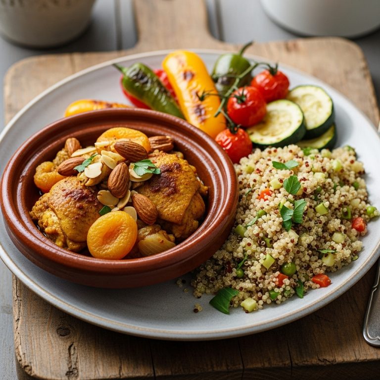 Exquisite Moroccan Paleo Lunch: Spiced Chicken Tagine with Quinoa Pilaf & Roasted Vegetables