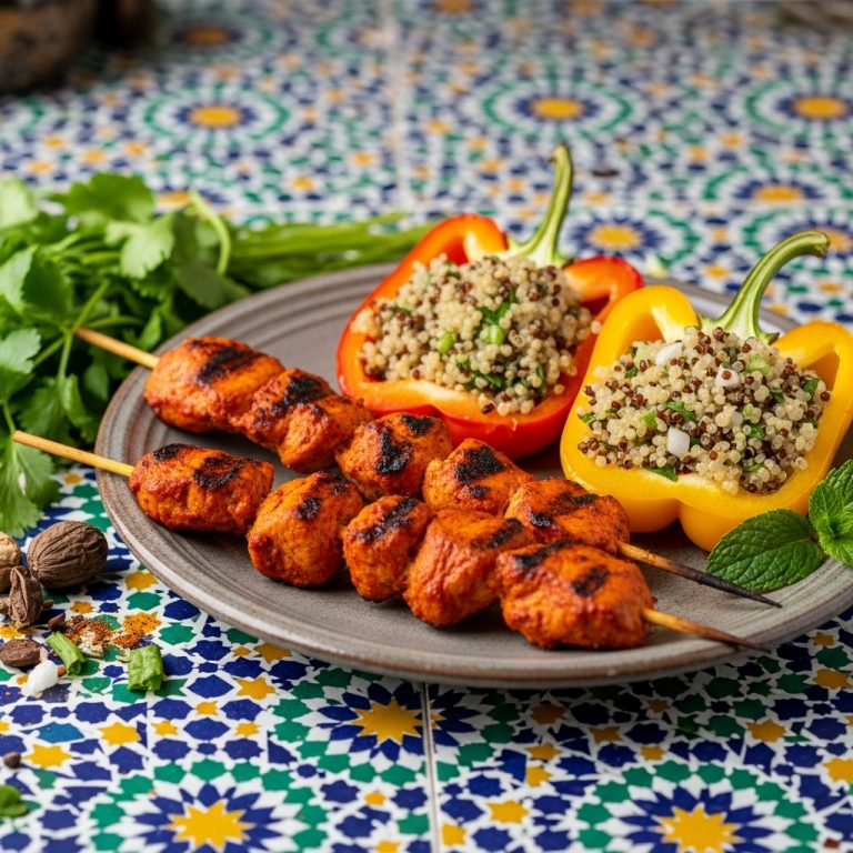 “Exquisite Moroccan Snack: Gluten-Free Harissa Chicken Skewers With Quinoa-Stuffed Bell Peppers”