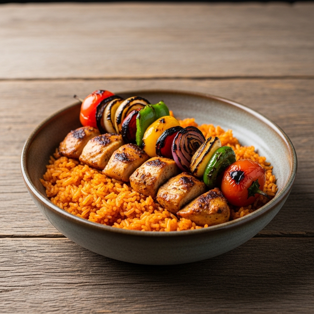 “Exquisite Nigerian Gluten-Free Jollof Rice Bowl With Grilled Chicken and Vegetables”