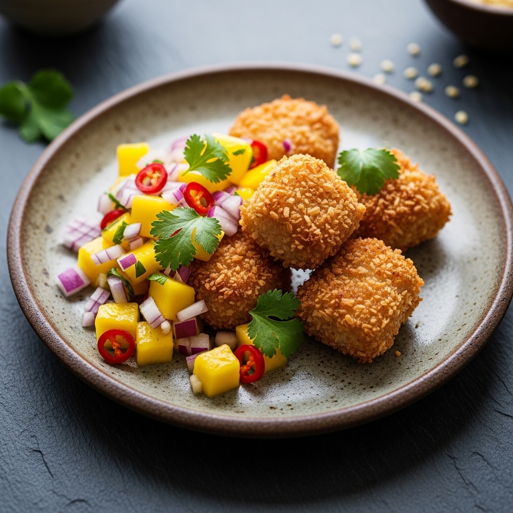 Exquisite Paleo Sri Lankan Snack: Coconut-Crusted Fish Bites with Spicy Mango Salsa