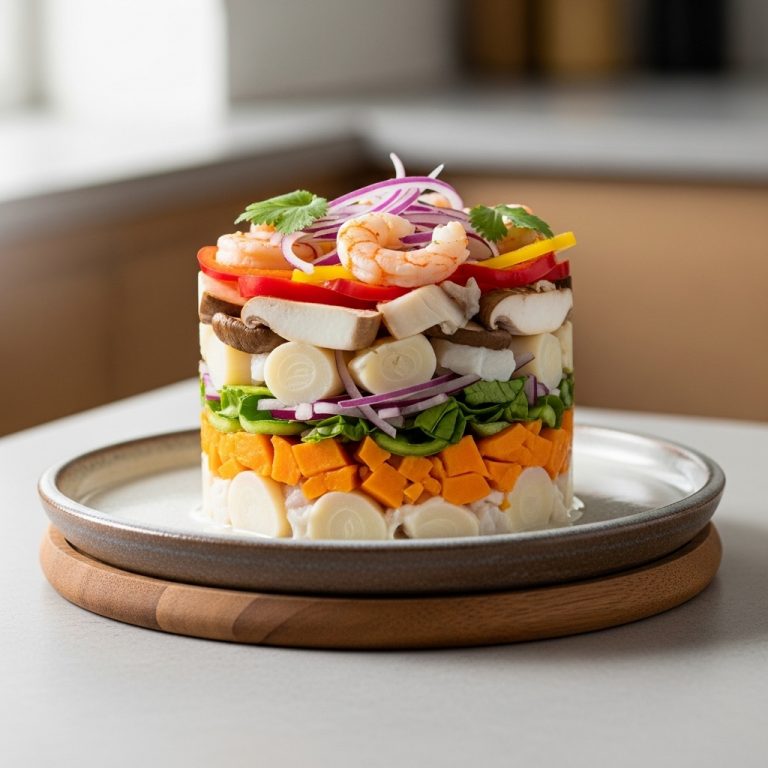 Exquisite Peruvian Vegetarian Ceviche Tower – A Flavorful Fusion of Seafood Alternatives and Fresh Ingredients