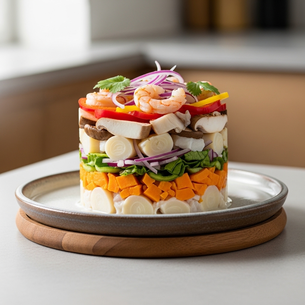 Exquisite Peruvian Vegetarian Ceviche Tower – A Flavorful Fusion of Seafood Alternatives and Fresh Ingredients