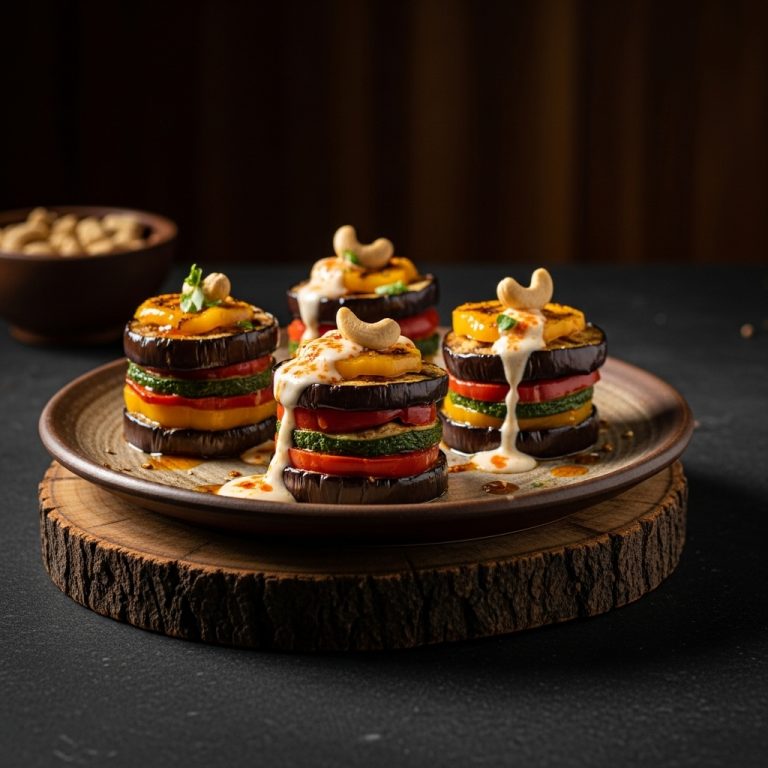 Exquisite Portuguese Vegetarian Medley: Grilled Eggplant & Bell Pepper Stacks with Spicy Cashew Cream