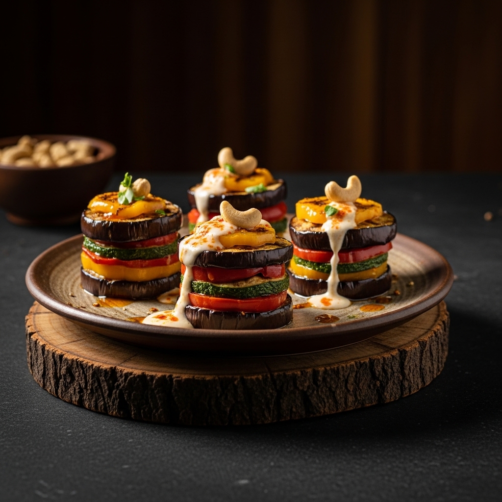 Exquisite Portuguese Vegetarian Medley: Grilled Eggplant & Bell Pepper Stacks with Spicy Cashew Cream