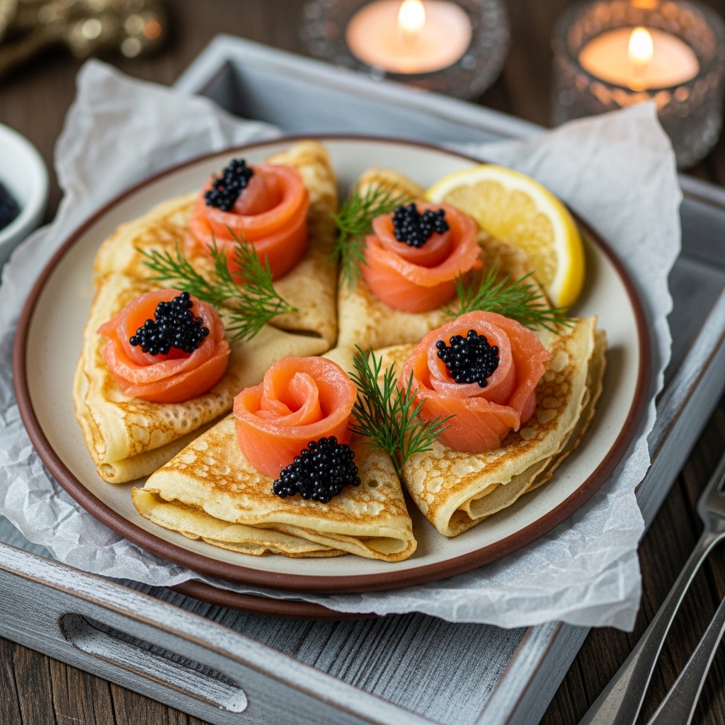 Exquisite Russian Brunch Vegetarian Blinis with Smoked Salmon and Caviar – A Delightful Culinary Experience