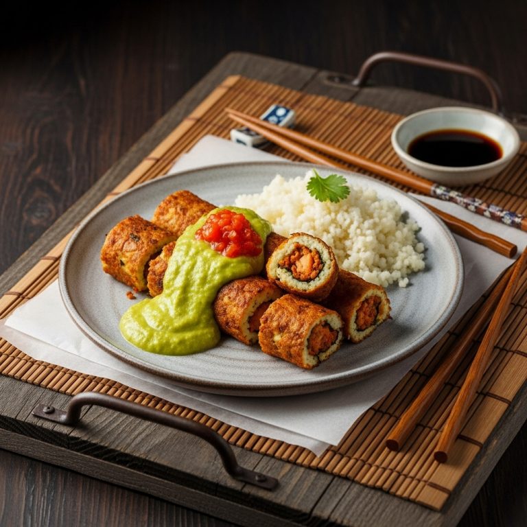 Exquisite South African Keto Bobotie Rolls With Cauliflower Rice and Spicy Avocado Sauce