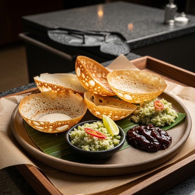 Exquisite Sri Lankan Breakfast Feast: Mouthwatering Hoppers, Coconut Sambol, and Kithul Treacle