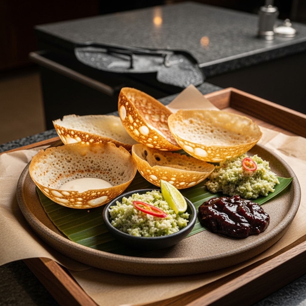 Exquisite Sri Lankan Breakfast Feast: Mouthwatering Hoppers, Coconut Sambol, and Kithul Treacle