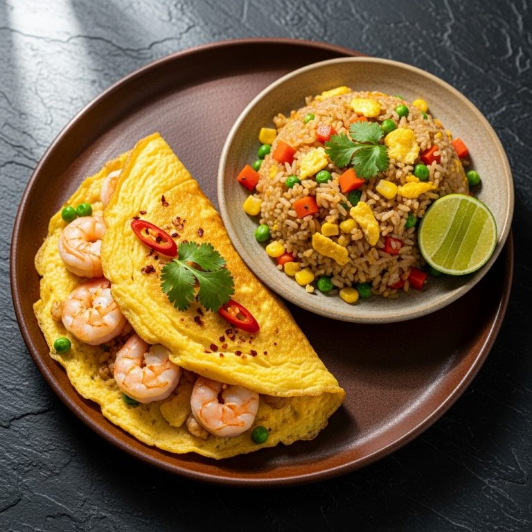 “Exquisite Thai Breakfast Feast: Mouthwatering Shrimp Omelette & Crispy Fried Rice”