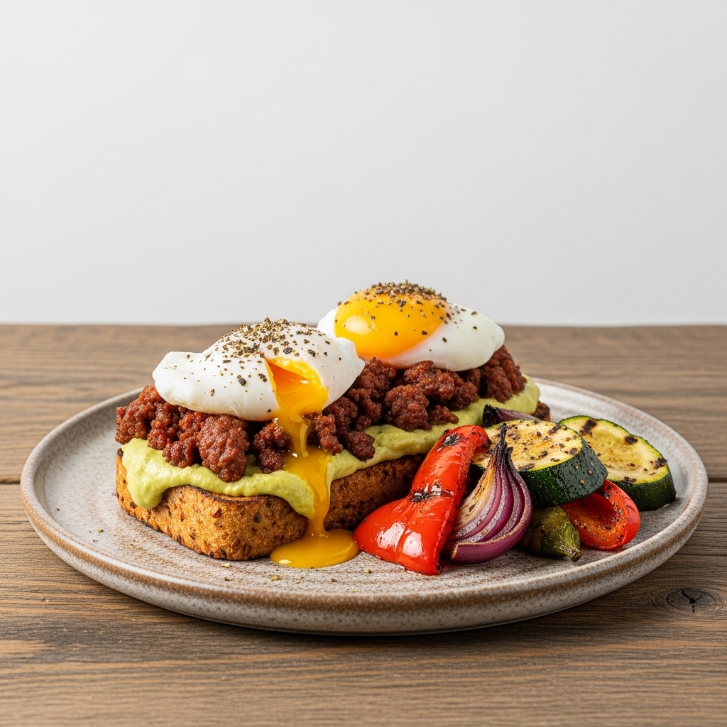 Exquisite Turkish Brunch Keto Eggs Benedict with Spicy Lamb Sausage & Roasted Vegetables