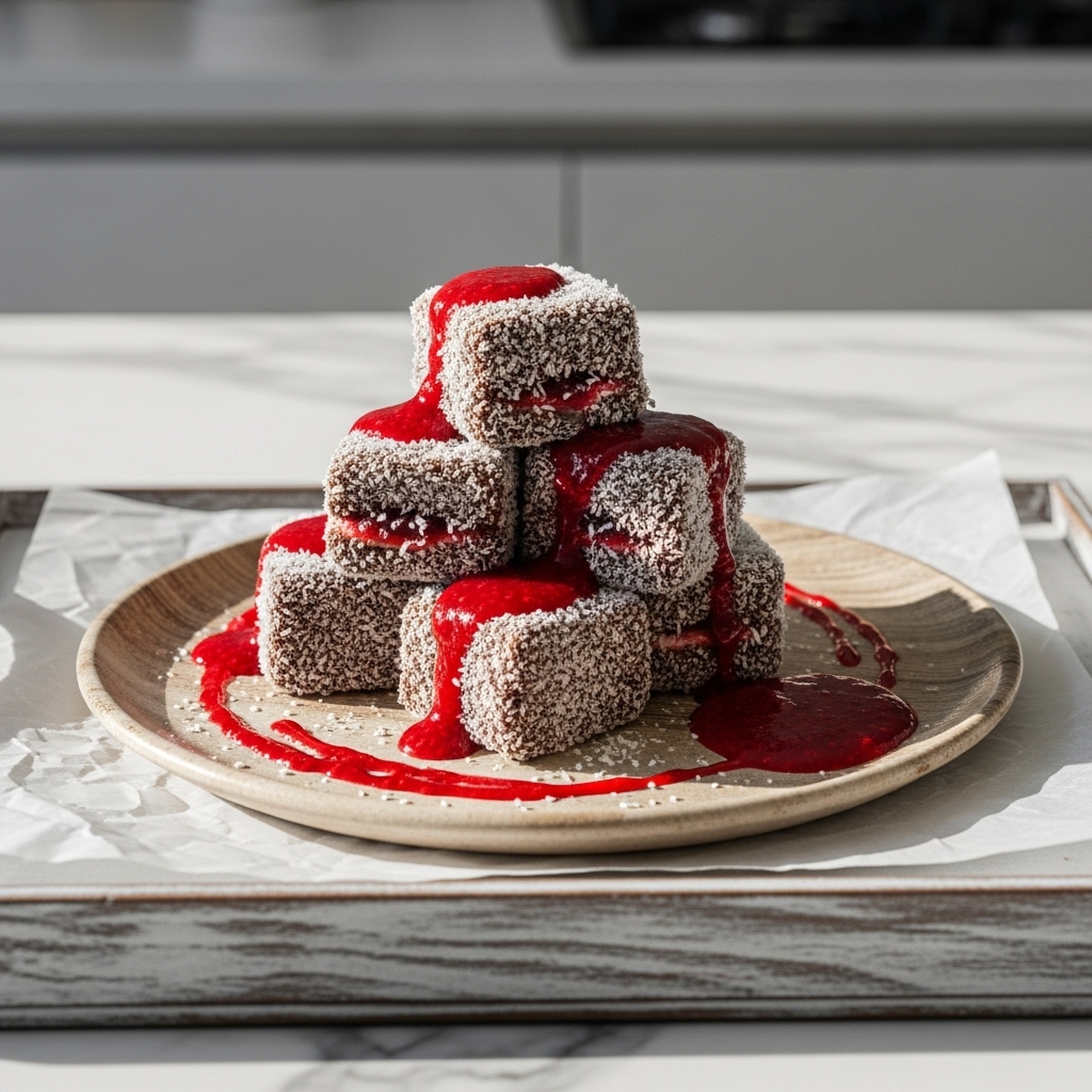 Exquisite Vegan Australian Lamington Tower with Raspberry Coulis
