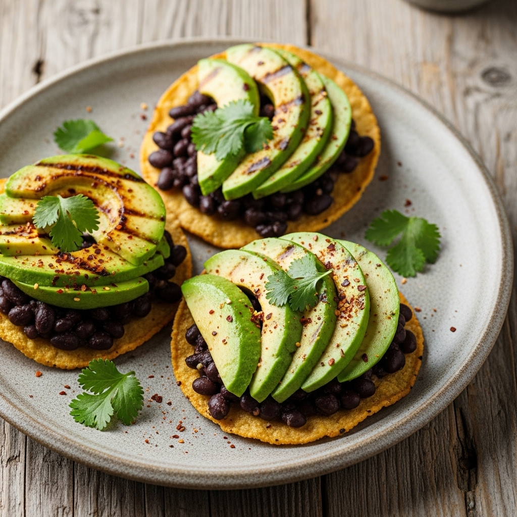 “Exquisite Vegan Colombian Brunch: Aromatic Quinoa Tostadas with Caramelized Avocado & Black Beans”