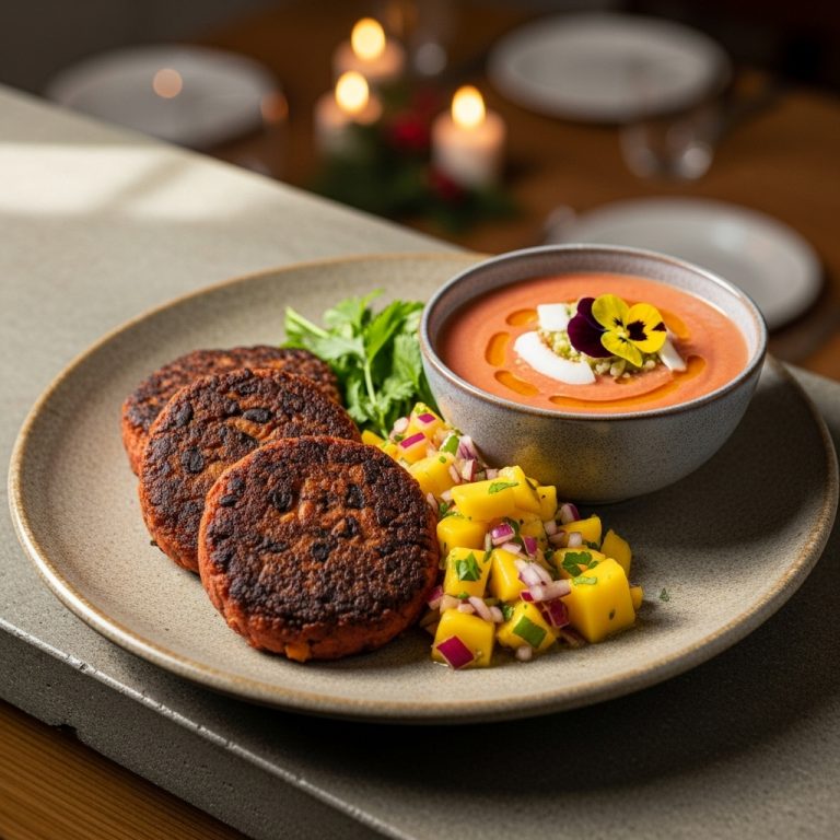 Exquisite Vegan Cuban Lunch: Mouthwatering Black Bean Patties, Tropical Gazpacho, and Spicy Mango Salsa
