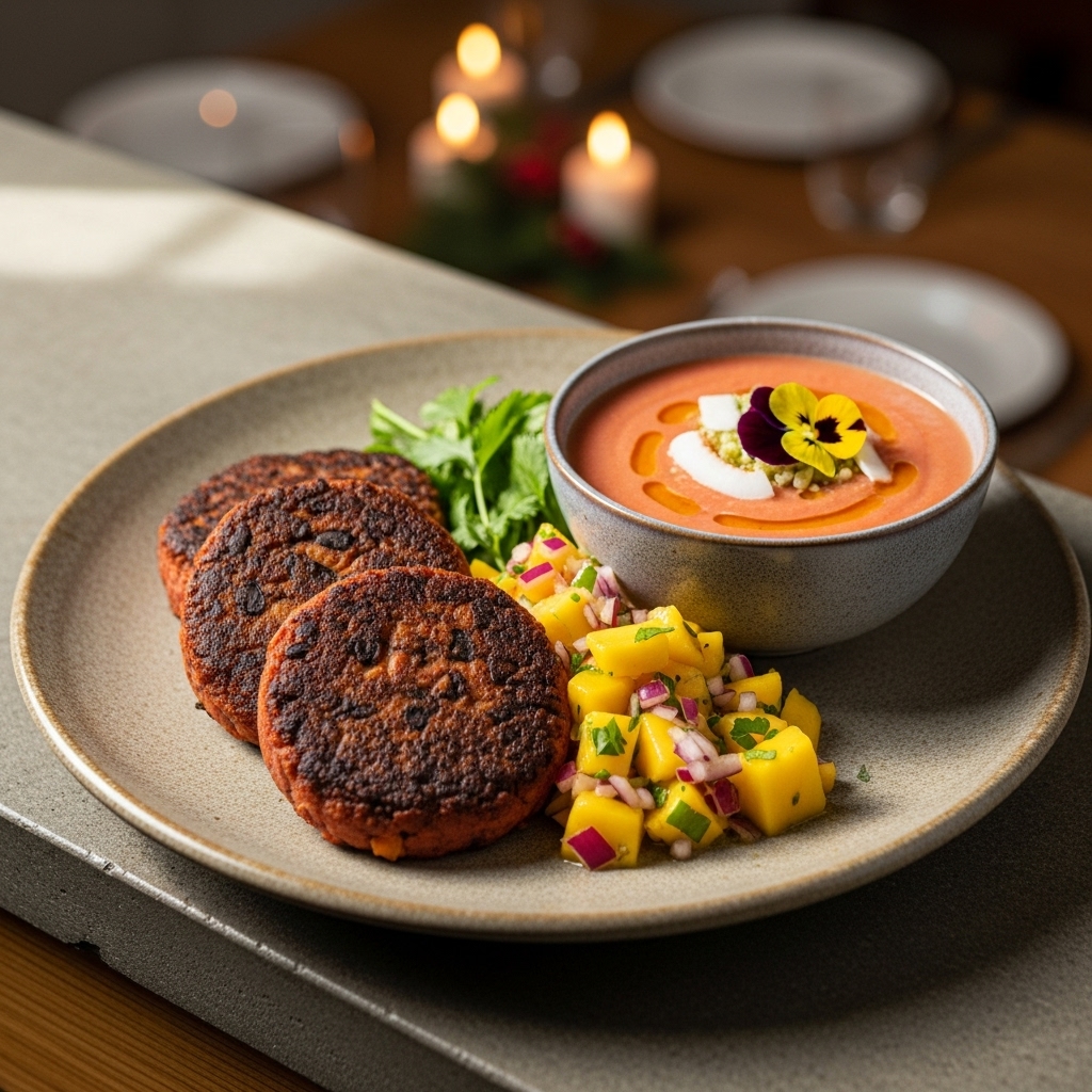 Exquisite Vegan Cuban Lunch: Mouthwatering Black Bean Patties, Tropical Gazpacho, and Spicy Mango Salsa