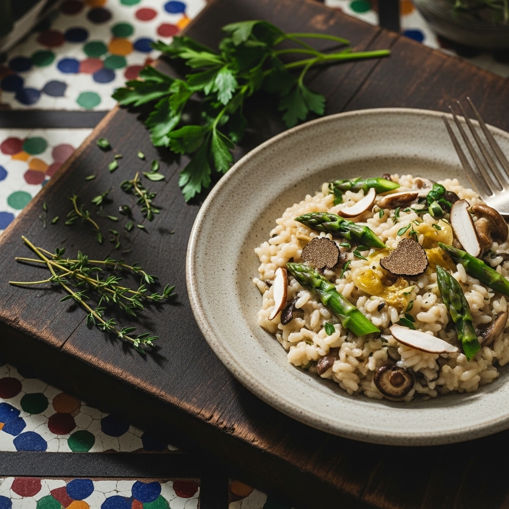 Exquisite Vegan Dutch Lunch: Creamy Wild Mushroom Risotto with Asparagus and Truffle Oil
