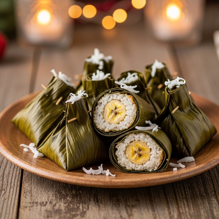 Exquisite Vegan Filipino Snack: Coconut-Stuffed Banana Leaves Delight