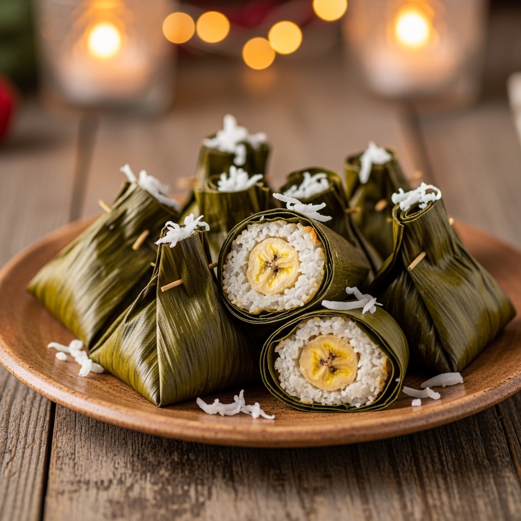 Exquisite Vegan Filipino Snack: Coconut-Stuffed Banana Leaves Delight
