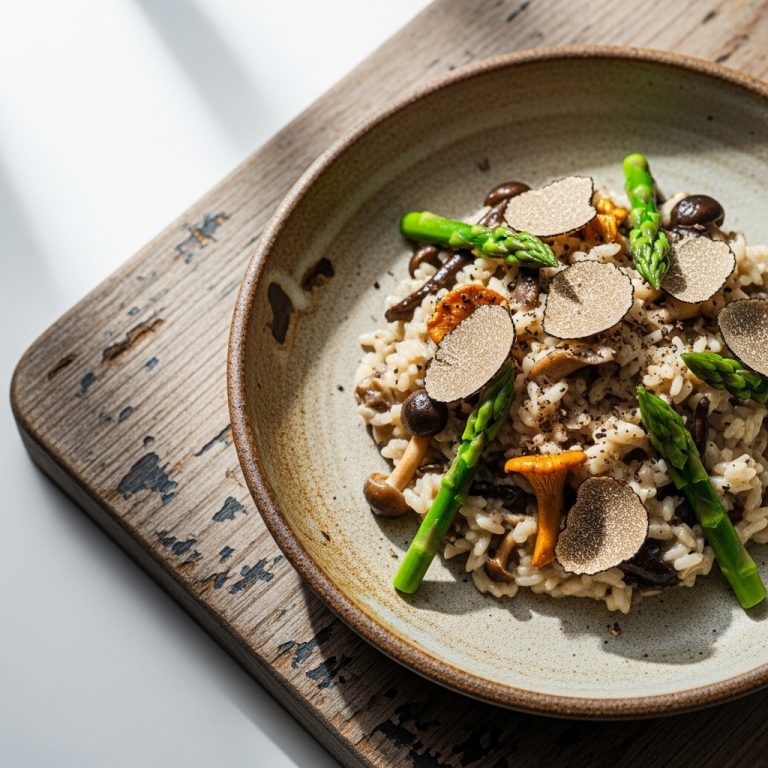 “Exquisite Vegan French Lunch: Wild Mushroom & Truffle Risotto with Asparagus Tips”