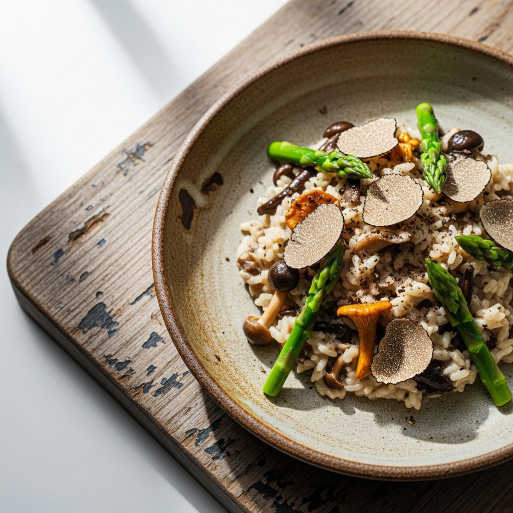 “Exquisite Vegan French Lunch: Wild Mushroom & Truffle Risotto with Asparagus Tips”