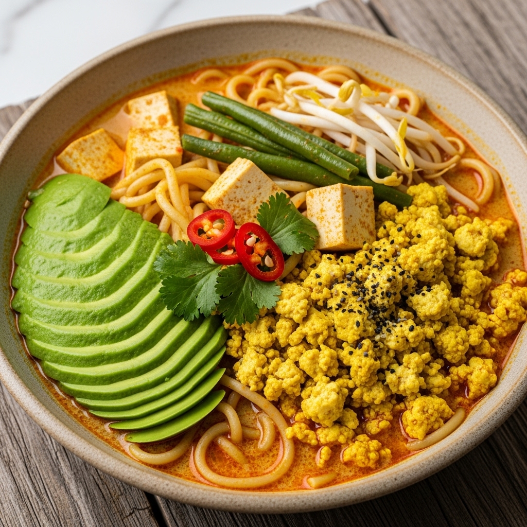 Exquisite Vegan Malaysian Brunch: Coconut Laksa Noodle Bowl with Tofu Scramble & Fresh Avocado